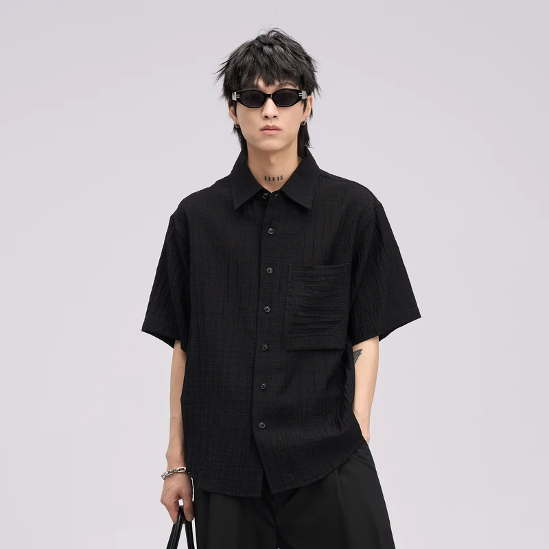HERBEL/黑白 25年夏季男式时尚翻领简约纯色口袋宽松舒适短袖衬衫