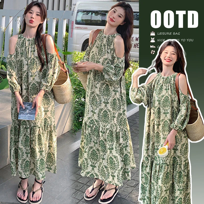 「maimixi」孕妇法式绿色碎花露肩慵懒风休闲连衣裙