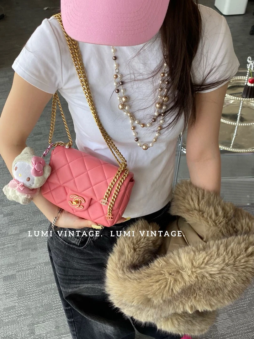 95新 Chanel/香奈儿 22p蜜桃粉羊皮珐琅方胖子单肩包58089132