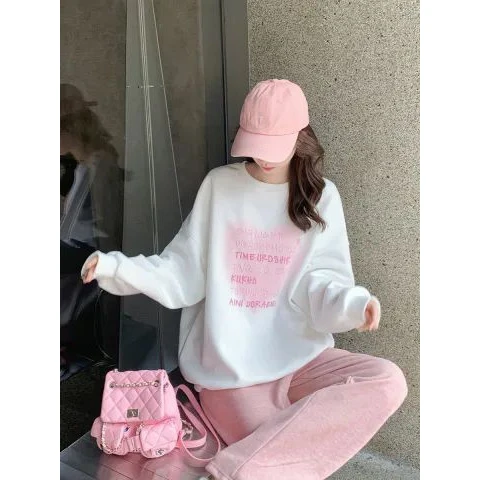 无帽圆领卫衣女2025新款秋冬季加绒款设计感韩版宽松减龄长袖上衣