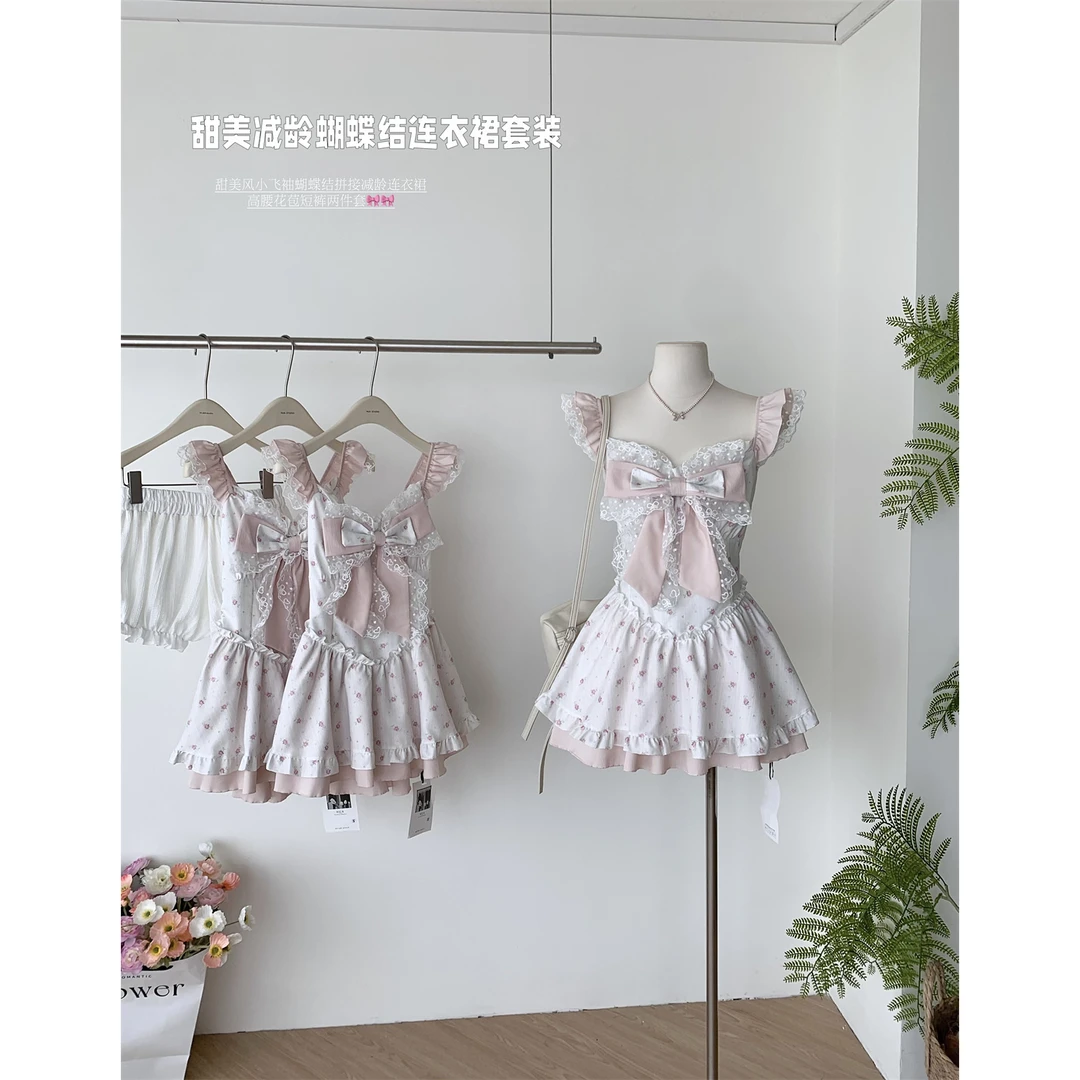 夏季甜美减龄粉色碎花蝴蝶结连衣裙收腰显瘦拼接花边小飞袖公主裙