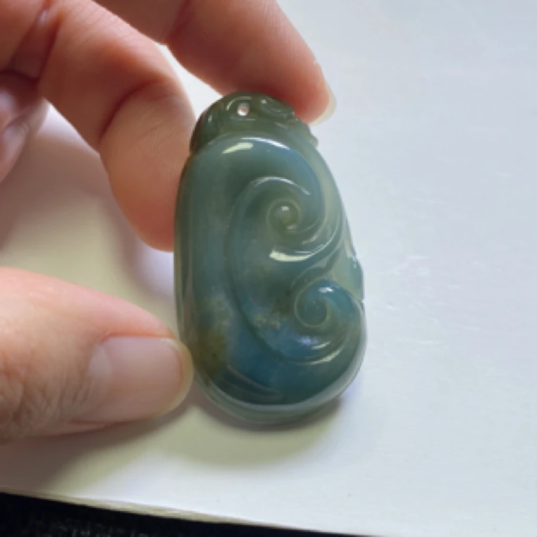 天然缅甸翡翠A货，老蓝水如意吊坠