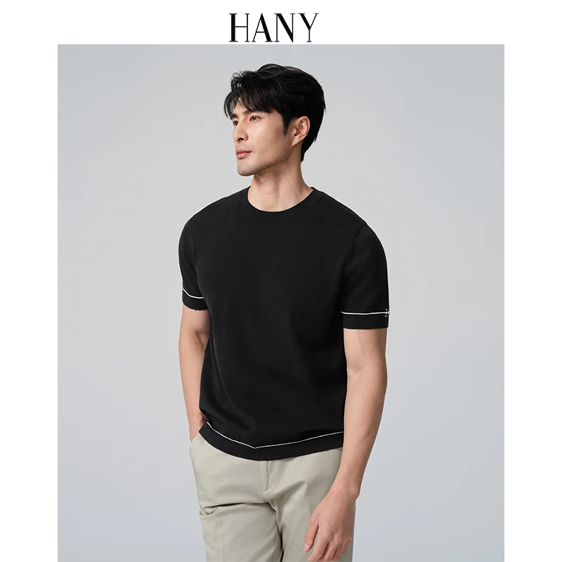 HANY[桑蚕丝亚麻棉]2025新款t恤男休闲短袖商务男士针织高级内搭
