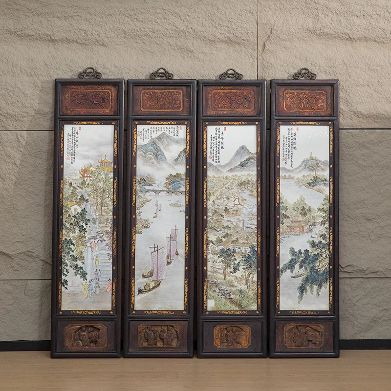 红木镶王云泉款浅绛彩瓷板画四条屏