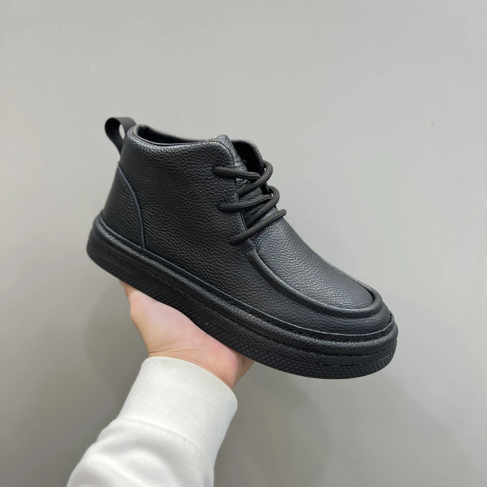 头层牛皮高帮休闲鞋英伦风黑白短靴单棉同款加绒保暖休闲鞋男秋冬