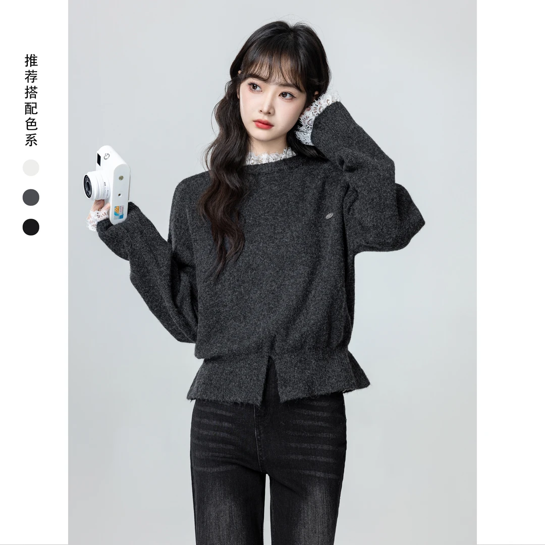 深灰色圆领毛衣女秋冬2025冬季新款蕾丝边拼接针织衫内搭短款上衣