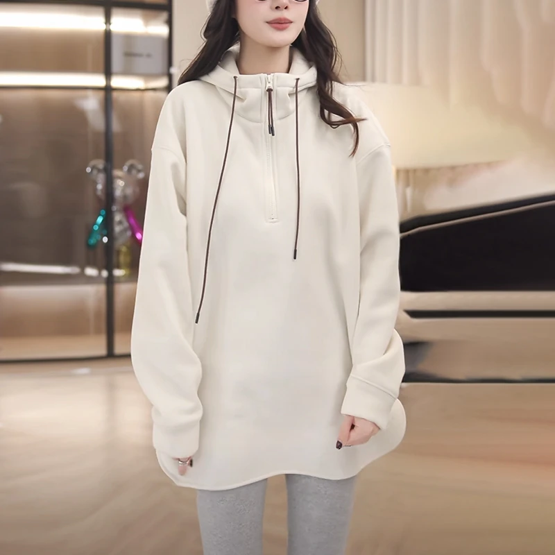 冬季保暖半拉链加绒加厚连帽卫衣女2024秋冬新款百搭宽松慵懒风厚