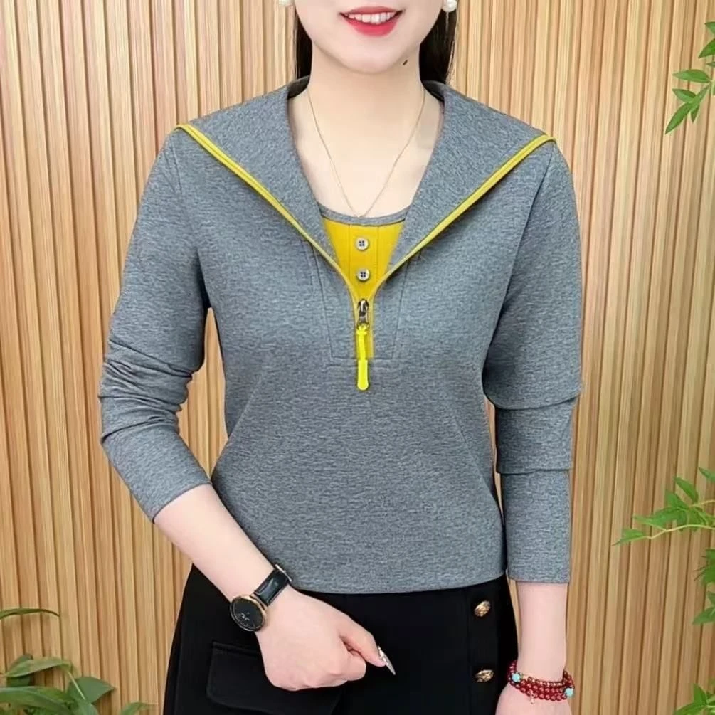 洋气高级时尚假两件长袖拉链外穿小衫新款百搭遮肚子女士运动上衣