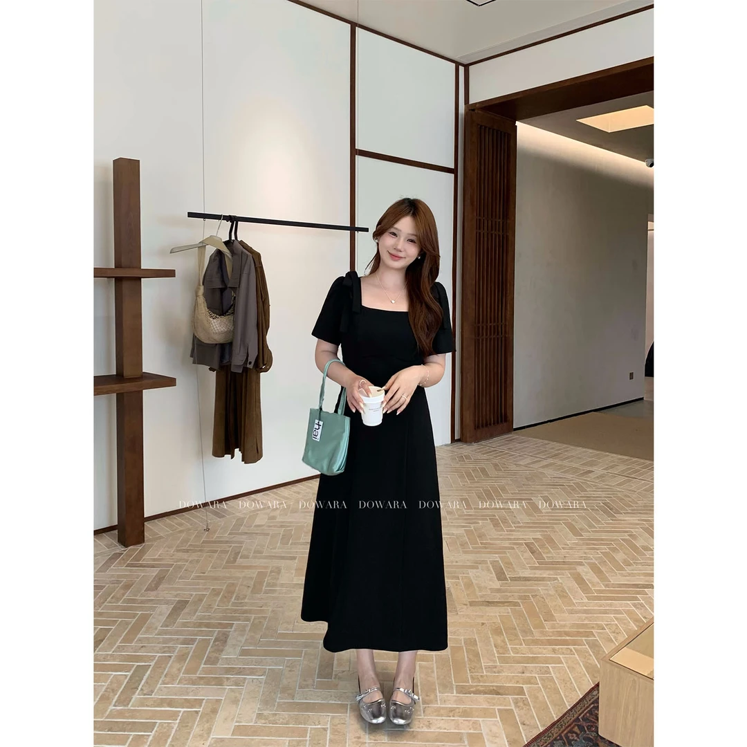 现货大婉酱千千微胖定制【松露小黑裙】方领连衣裙显瘦长裙女 8784X