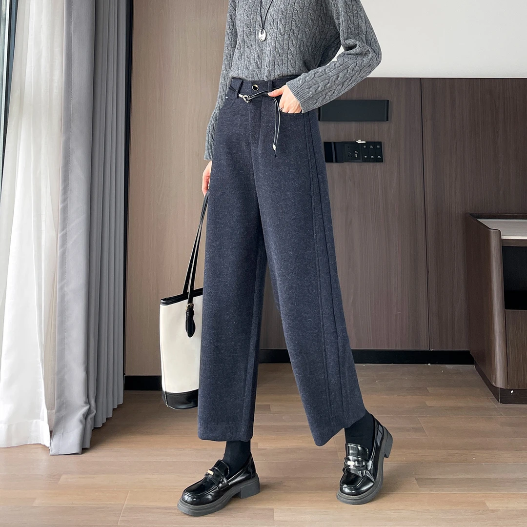 毛呢阔腿裤女秋冬装2025新款小个子九分休闲西装裤直筒窄版弯刀裤
