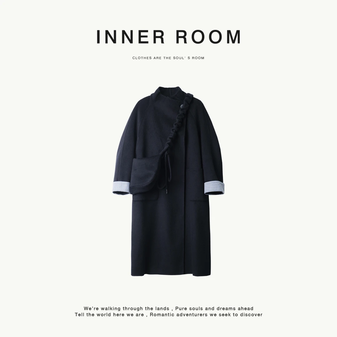 INNER ROOM设计感复古学院风袖口撞色长款斜口领简约羊毛大衣女冬