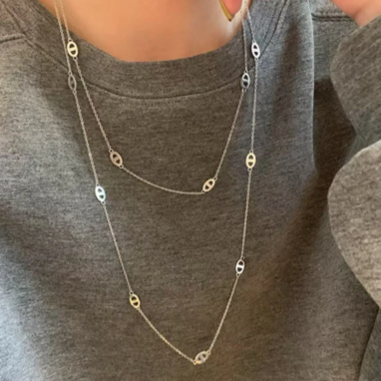 铜合金项链 新款轻奢高级感双层叠戴时尚小众设计猪鼻扣长款项链