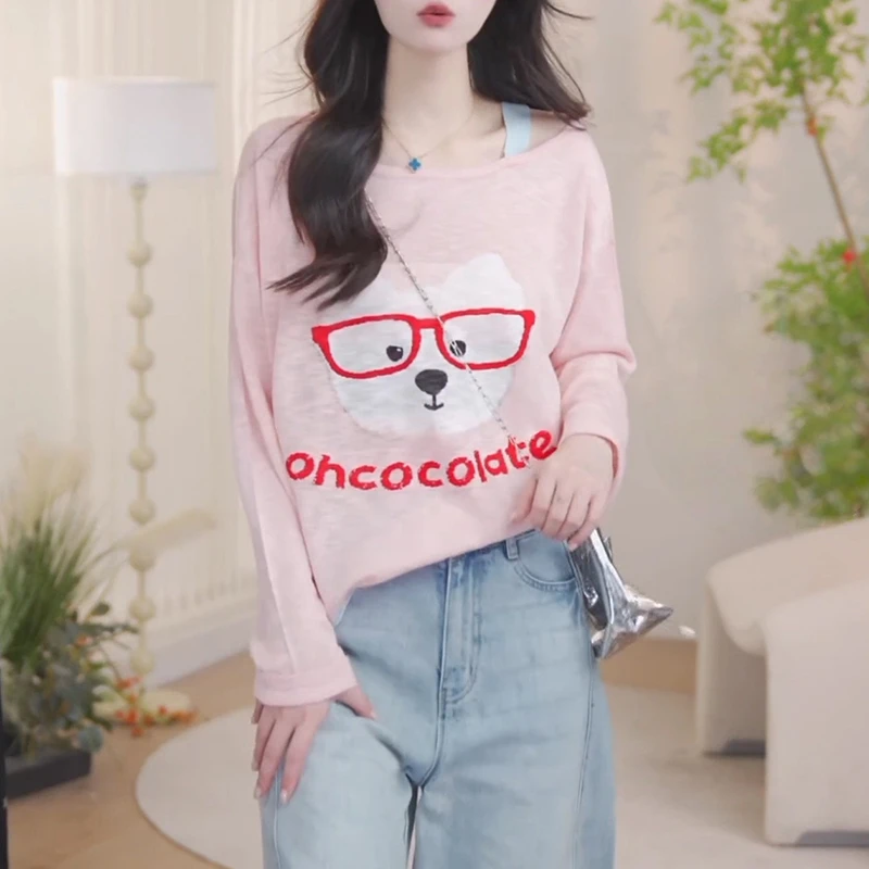 韩系甜美减龄露肩针织长袖t恤女2025春秋新款时尚百搭打底衫上衣