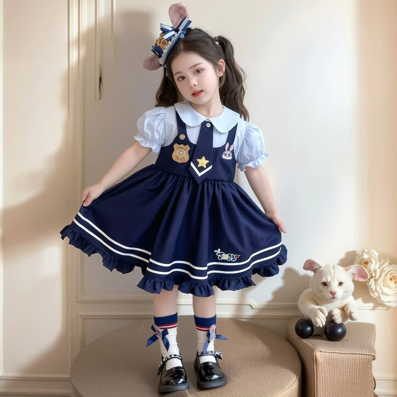 女童连衣裙夏季2025新款洋气儿童学院风兔子警官衣服宝宝公主裙子