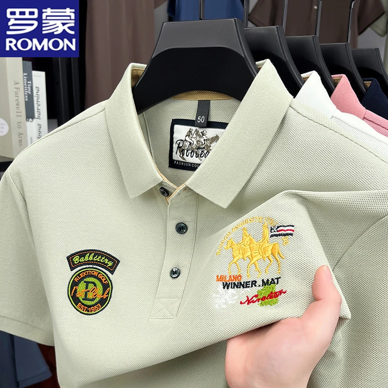 罗蒙纯棉刺绣新款夏季短袖T恤翻领POLO衫薄款休闲半袖爸爸装体恤