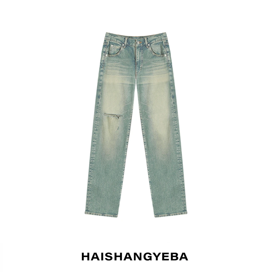 【海上叶爸】新款2025夏季百搭棉中高腰破洞直筒做旧牛仔裤