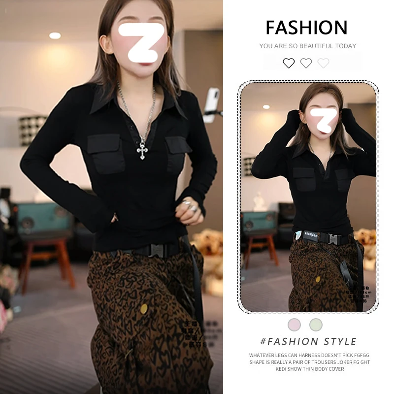 美拉德韩版气质polo领长袖T恤女秋季甜辣妹内搭修身打底衫上衣潮