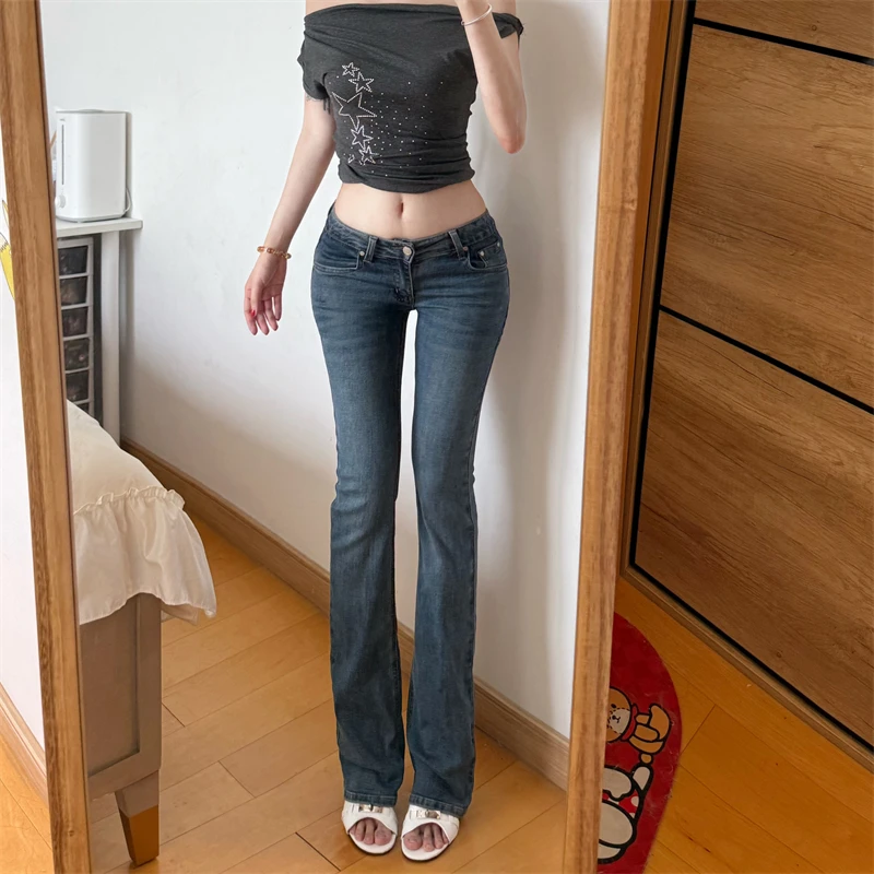 自带丰胯垫辣妹低腰美式复古水洗蓝牛仔微喇叭裤女春夏季直筒长裤
