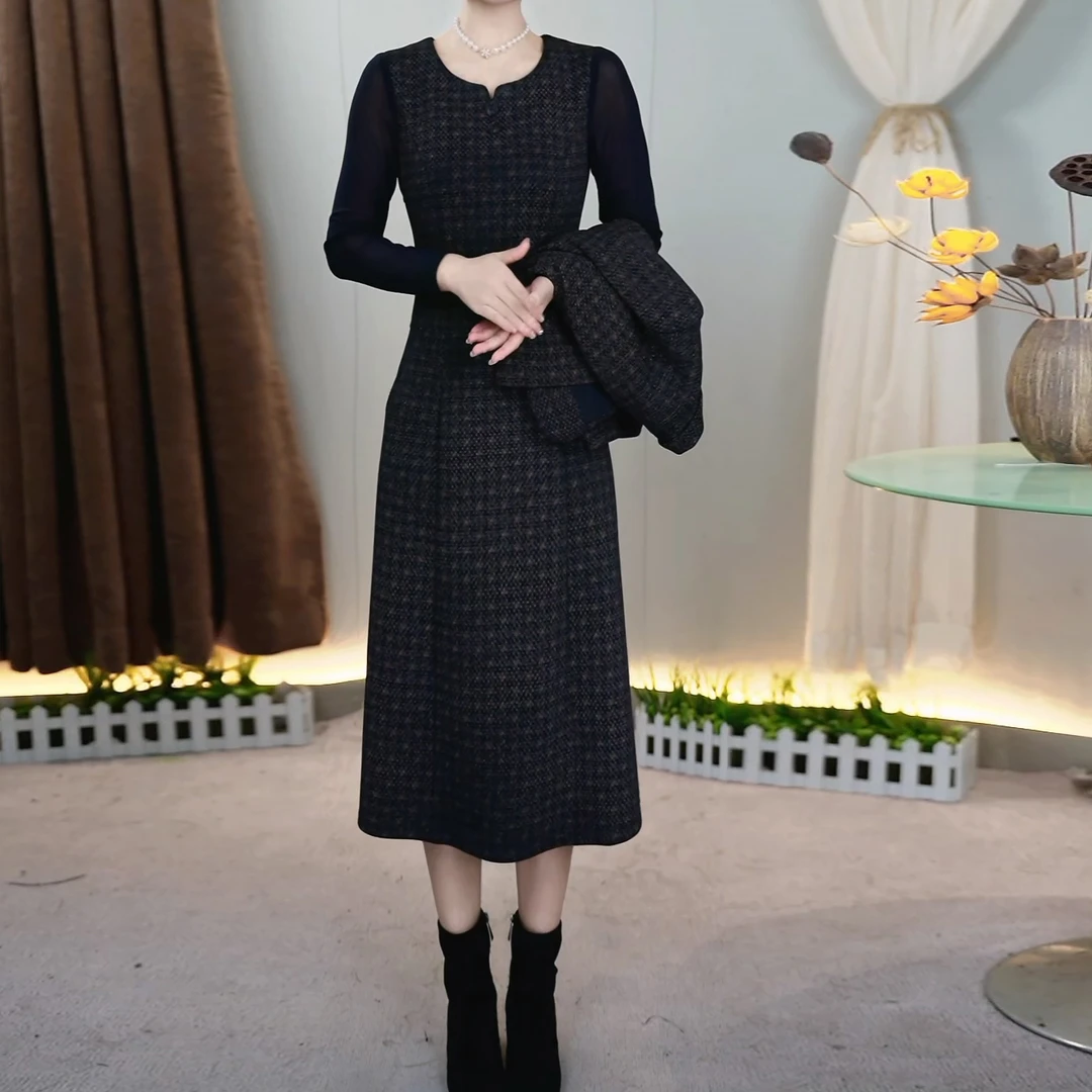 时尚套装秋冬秋季休闲风拼接打底轻熟风时尚两件套小香风裙子