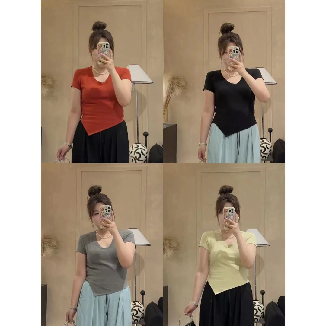 晶咕【斜角T】高腰斜角下摆圆领短款T恤显瘦辣妹夏季不规则