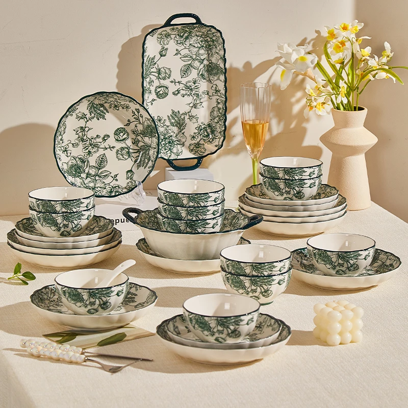 玫瑰庄园绿陶瓷餐具碗盘鱼盘汤碗喜庆礼品网红轻奢复古家用创意