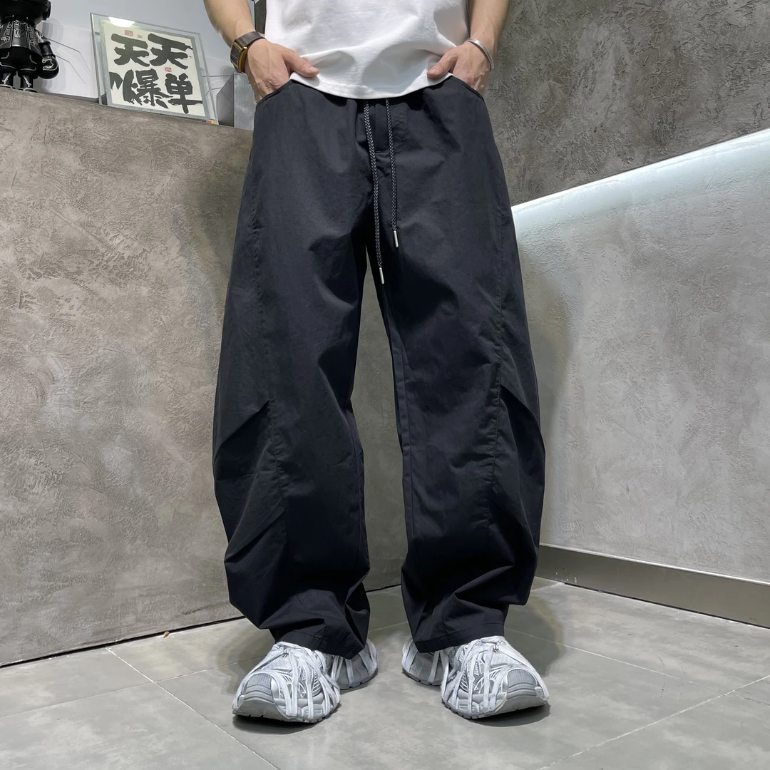 夏季直筒弯刀裤轻薄透气宽松男裤百搭垂感美式裤子日系松紧腰户外