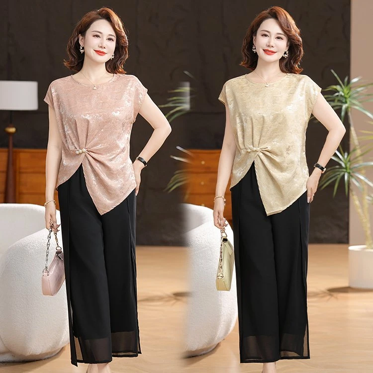 2025时尚气质显瘦洋气夏季薄款中老年女装套装优雅时尚小衫九分裤