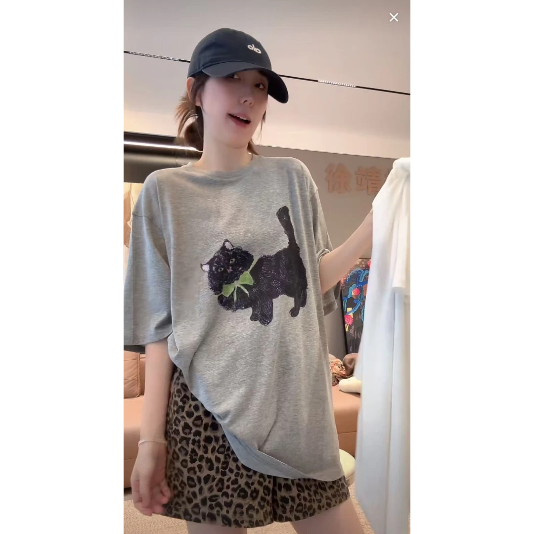 徐靖靖【领带小猫】薄款短袖T恤女时尚简约宽松慵懒百搭女装2507016