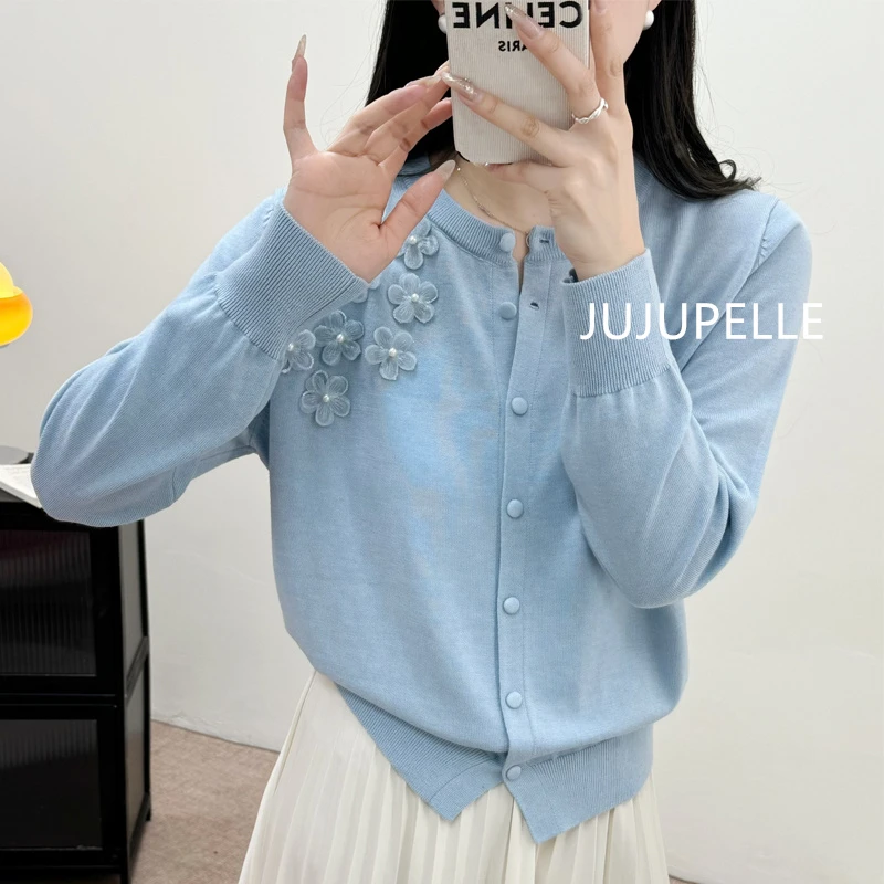 钉珠立体花朵装饰薄款长袖外套女春季新款时尚圆领单排扣针织开衫