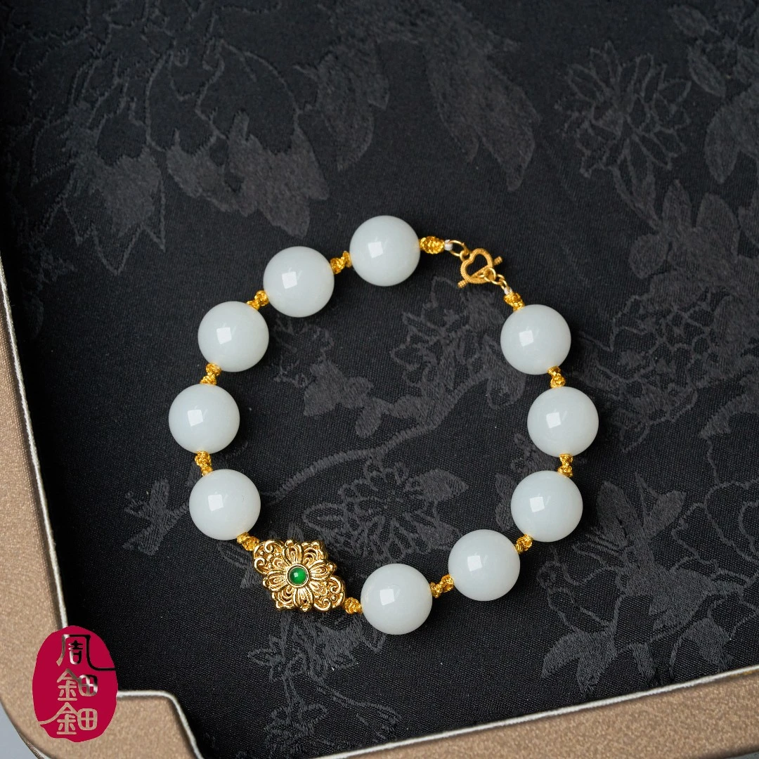 周钿钿®|落玉盘|天然和田玉白玉天然A货翡翠18K金设计款手串