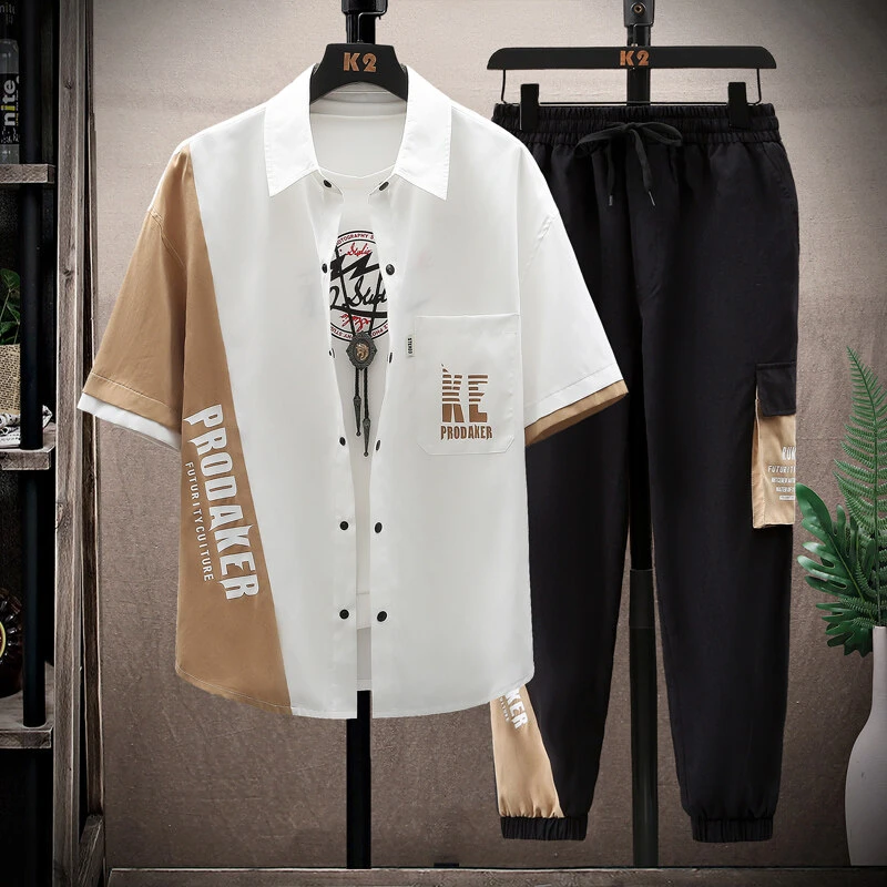 衬衫套装夏季青少年时尚潮流百搭休闲薄款个性短袖长裤工装两件套