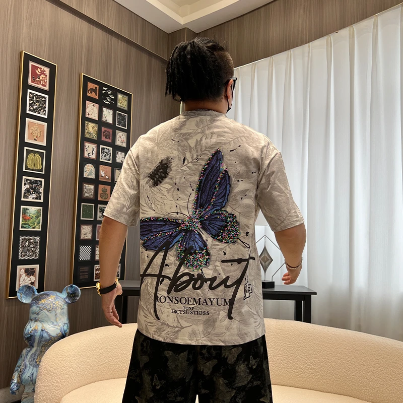夏季新款印花T恤时尚情侣男装圆领蝴蝶ins短袖上衣