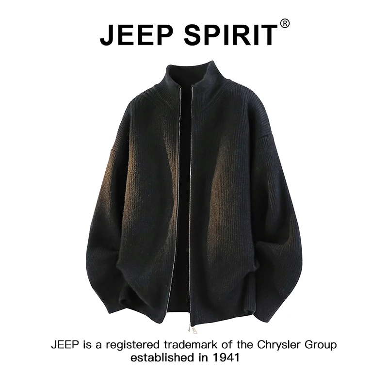 JEEPSPIRIT吉普纯色简约立领开衫毛衣男士秋冬宽松保暖针织衫外套