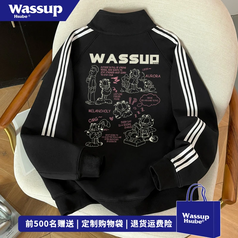 WASSUP HSUBE日系卡通动漫加菲猫印花拉链开衫卫衣男百搭立领外套