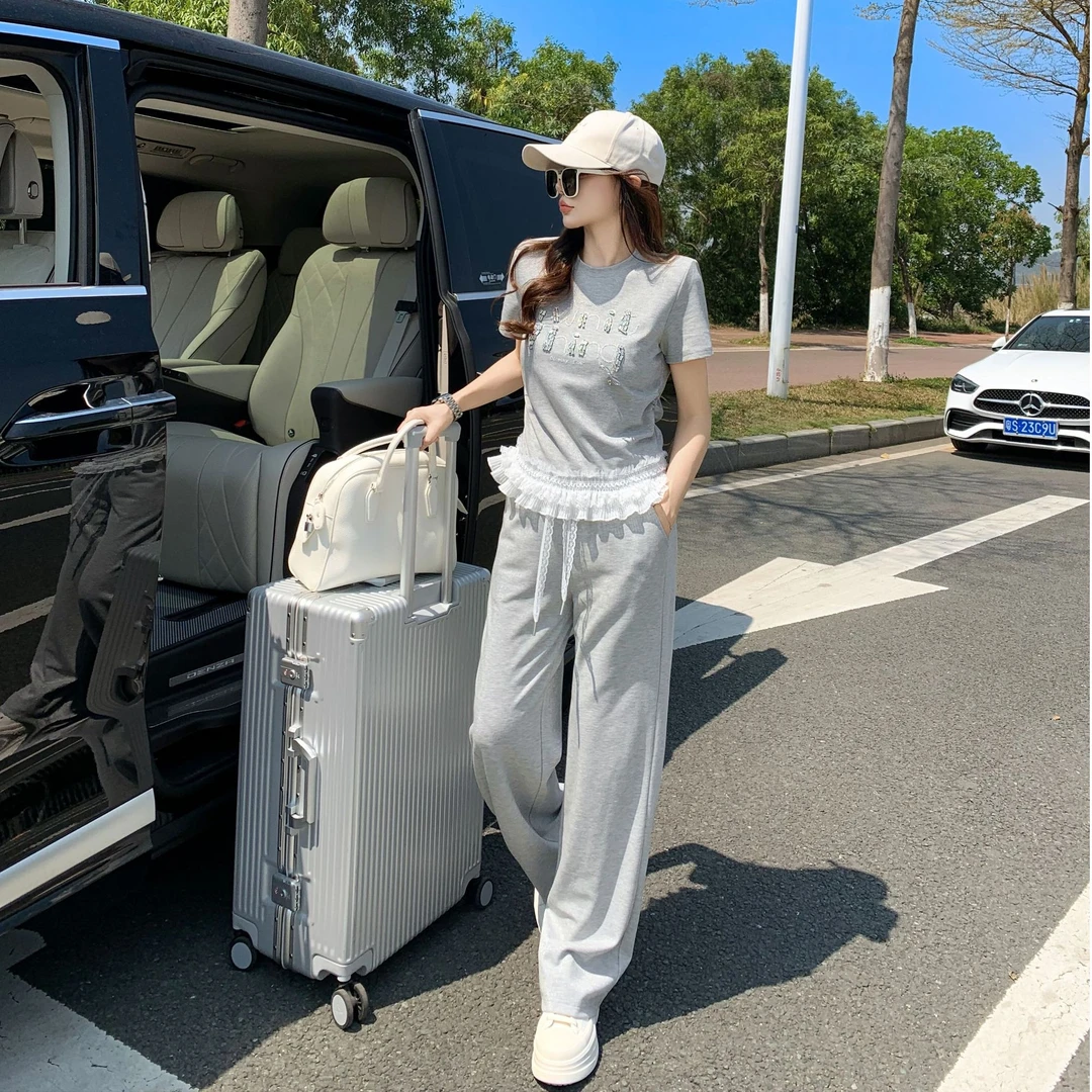 2025夏季新款休闲套装女洋气显瘦减龄蕾丝拼接短袖阔腿裤两件套潮