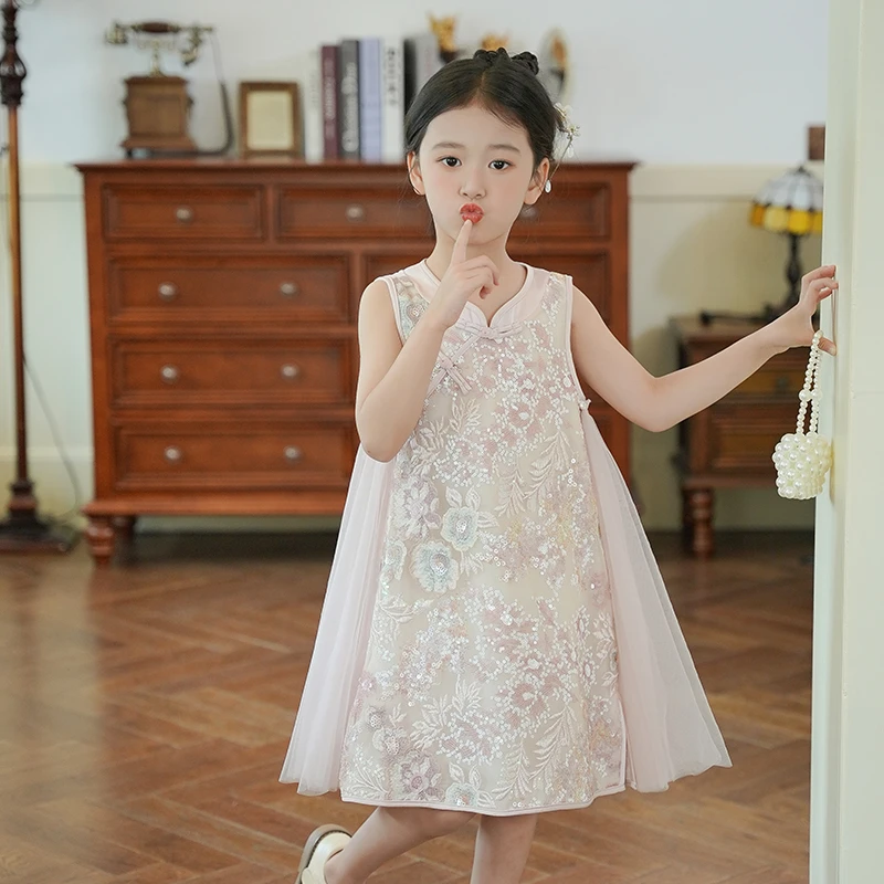 53359M女童夏季裙子洋气国风连衣裙2025新款无袖旗袍裙儿童背心裙