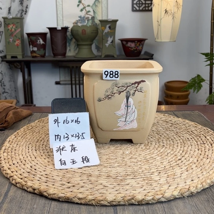 紫砂花盆白玉段奎面美人图手绘988