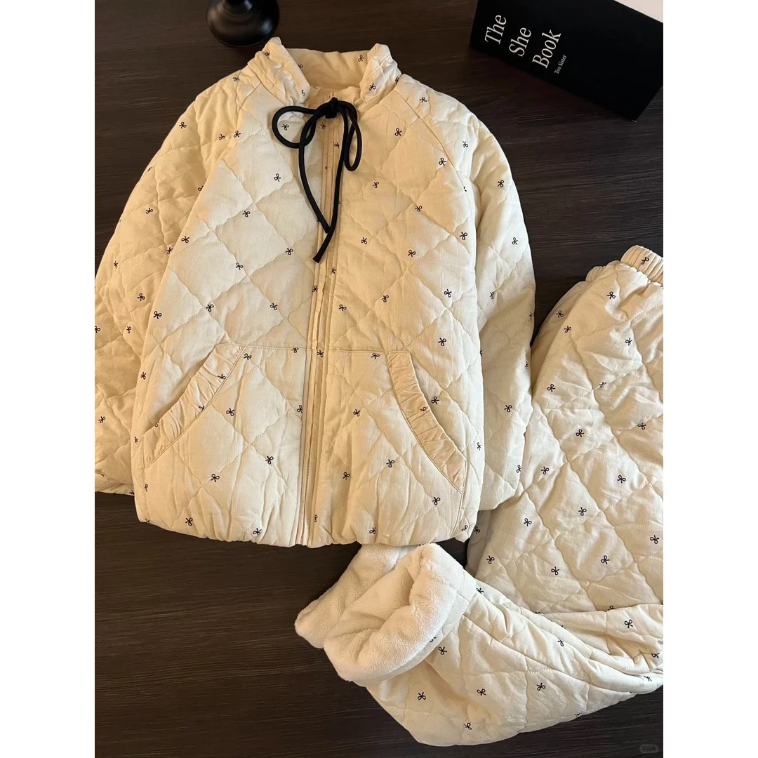 甜美简约少女蝴蝶结夹棉保暖睡衣女秋冬新款柔软舒适休闲家居套装