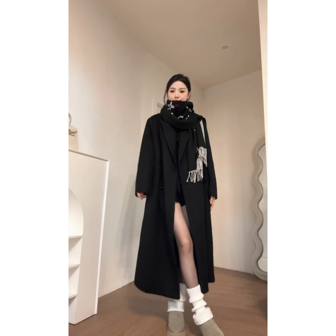 清仓【继承者大衣】高个子加长黑色气质高级感西装毛呢外套JY163