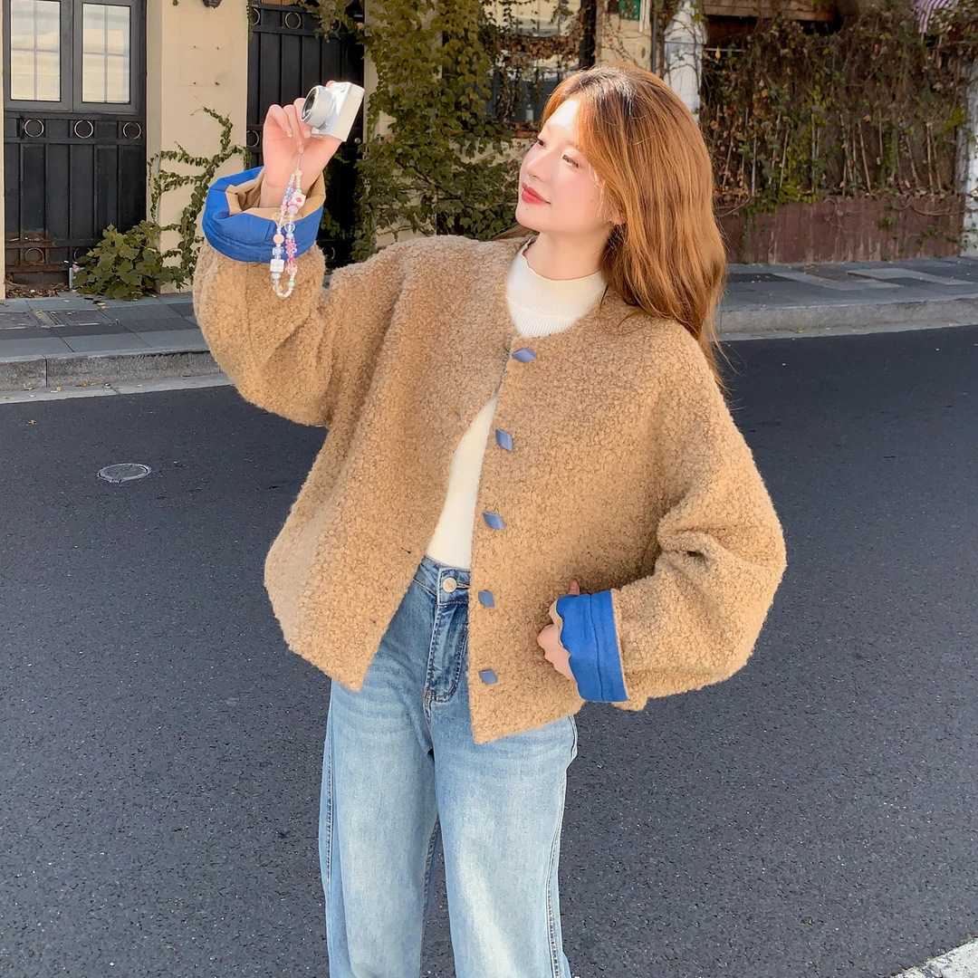 韩系圆领圈圈毛呢撞色外套女2025年秋冬新款宽松休闲显瘦保暖大衣