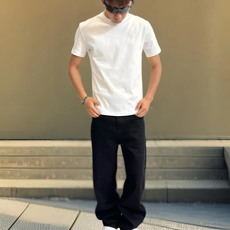 短袖薄款镂空纯色九分白色情侣男装夏季休闲冰皮弹力T恤日系宽松