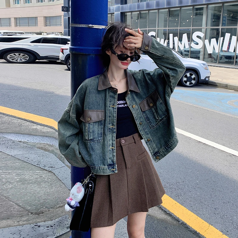 韩版拼皮牛仔外套女春秋季小个子宽松休闲设计感小众复古夹克上衣