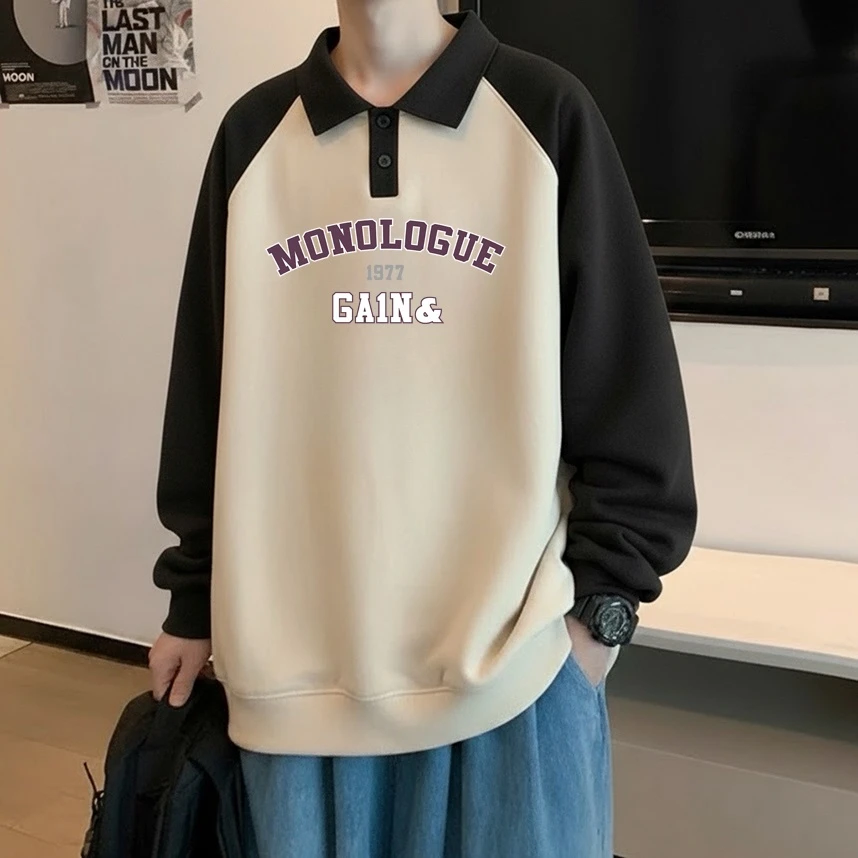 美式潮牌polo衫翻领卫衣男生拼色春秋季新款宽松长袖大码休闲上衣