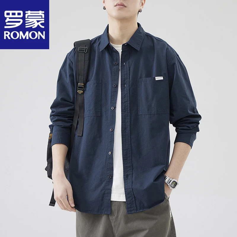 罗蒙日系潮牌复古纯色衬衫男士春秋款宽松百搭简约休闲长袖衬衣