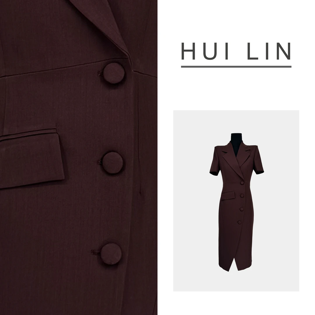 【夏季新款】气质轻奢西装领侧边包扣短袖中长款连衣裙【25731】