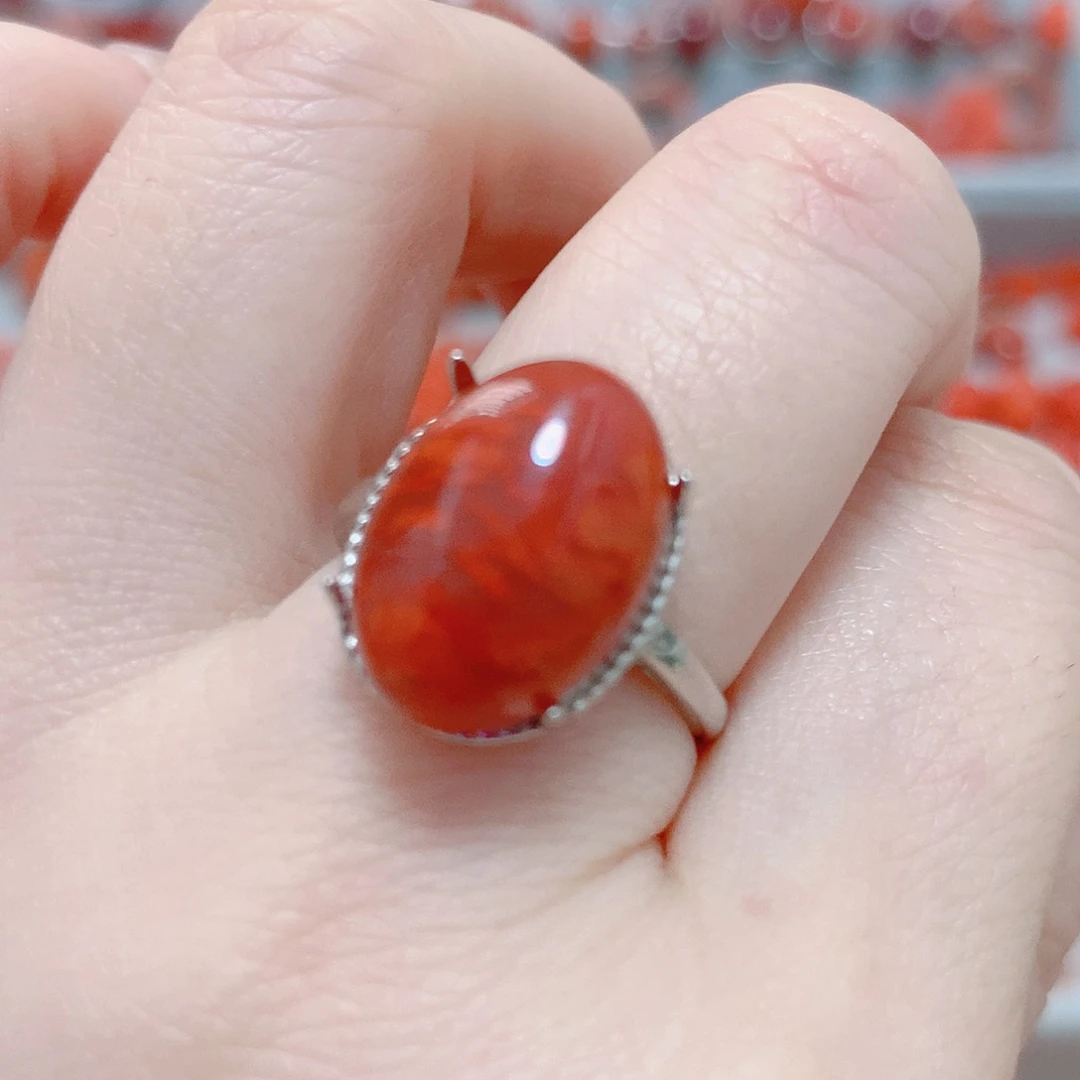 南红玛瑙戒指银S925镶嵌