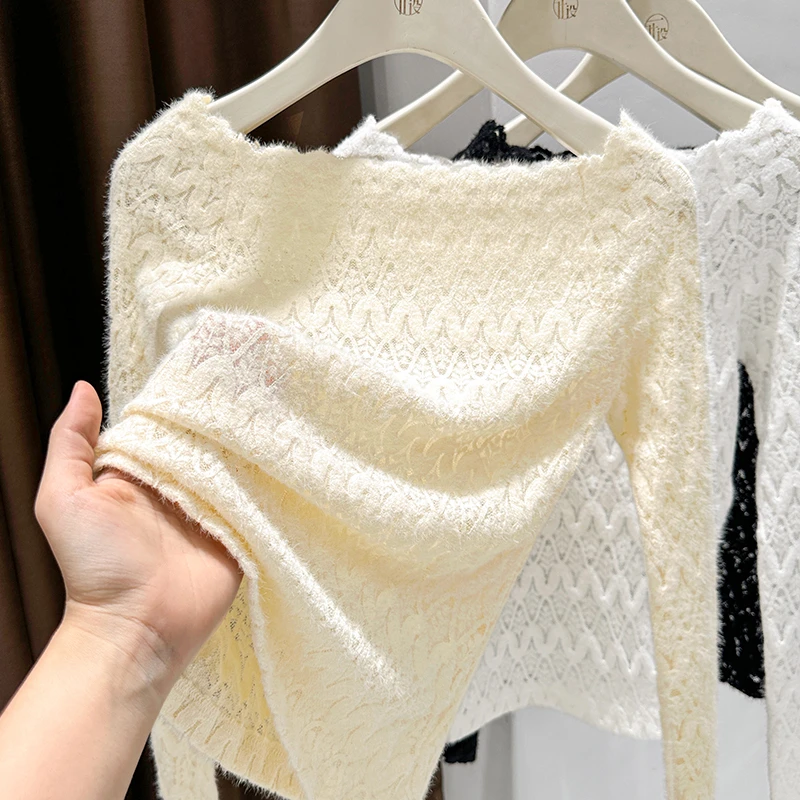 杏色软糯磨毛蕾丝一字领打底衫女2025春季爆款露锁骨洋气内搭上衣
