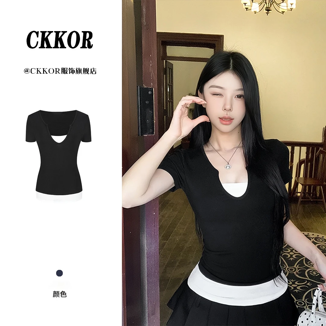 CKKOR美式复古辣妹风拼色假两件短袖t恤女设计感修身显瘦夏季上衣