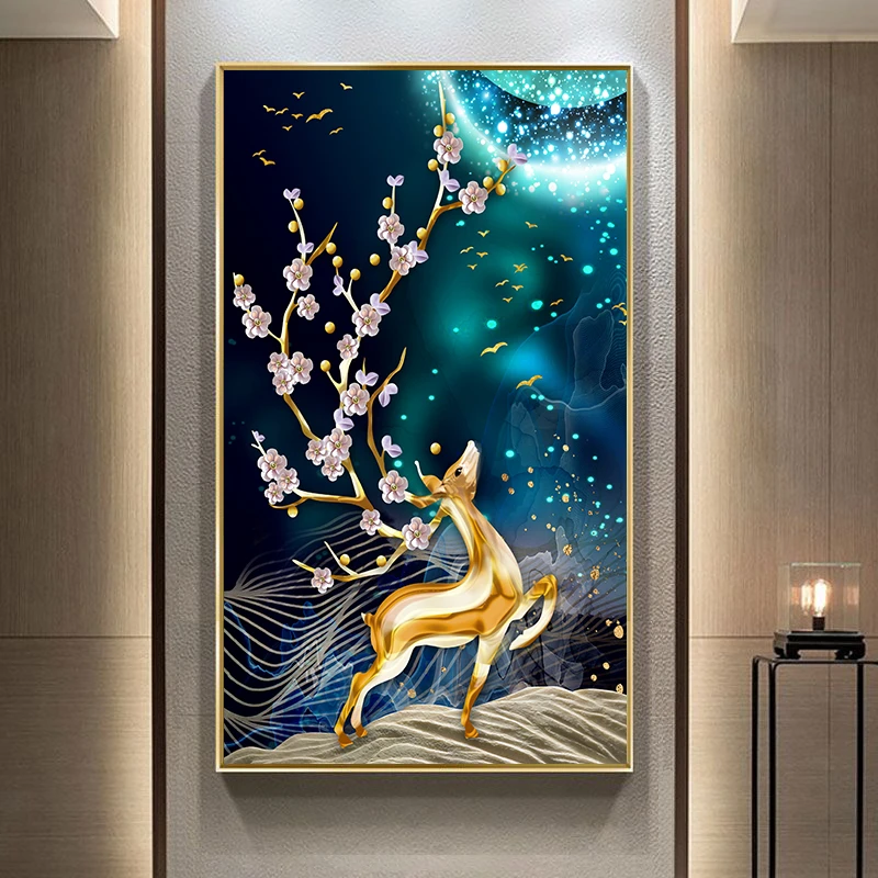 DC/蒂彩【望月生财】黄金麋鹿粘画满钻钻石画手工Diy十字绣玄关装饰