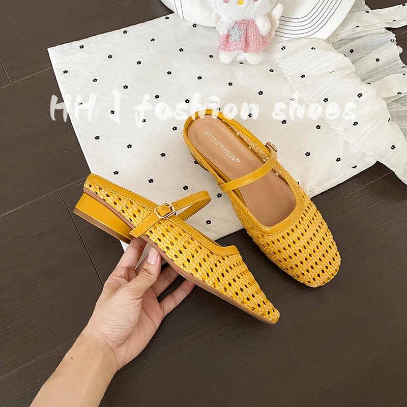 网红同款复古编织镂空方头一字带凉拖穆勒半拖鞋女夏大码41-43
